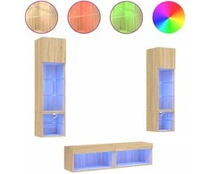 TV staliukas Sieninė TV sekcija su LED, 6 dalių, ąžuolo, apdirbta mediena