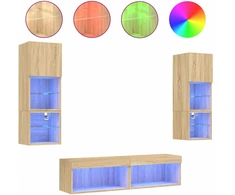 TV staliukas Sieninė TV sekcija su LED, 6 dalių, ąžuolo, apdirbta mediena