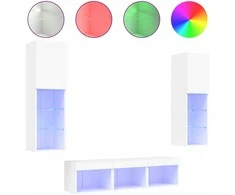 TV staliukas Sieninė TV sekcija su LED, 5 dalių, balta, apdirbta mediena