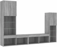 TV staliukas Sieninė TV sekcija su LED, 4 dalių, pilka ąžuolo, mediena