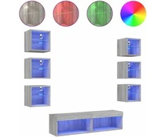 TV staliukas Sieninė TV sekcija su LED, 8 dalių, pilka ąžuolo, mediena