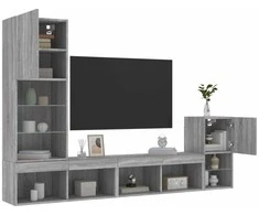 TV staliukas Sieninė TV sekcija su LED, 4 dalių, pilka ąžuolo, mediena