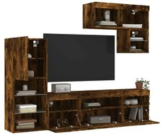 TV staliukas Sieninė TV sekcija su LED, 6 dalių, dūminio ąžuolo, mediena