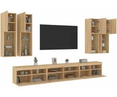 TV staliukas Sieninės TV spintelės su LED lemputėmis, 7vnt., ąžuolo spalvos