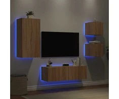 TV staliukas Sieninės TV spintelės su LED lemputėmis, 4 dalių, ąžuolo
