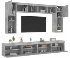 TV staliukas Sieninės TV spintelės su LED lemputėmis, 8vnt., betono pilkos