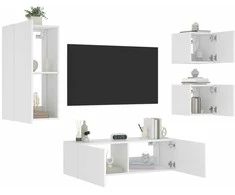 TV staliukas Sieninės TV spintelės su LED lemputėmis, 4 dalių, baltos