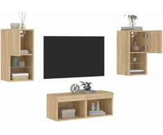 TV staliukas Sieninės TV spintelės su LED lemputėmis, 4 dalių, ąžuolo
