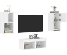 TV staliukas Sieninės TV spintelės su LED lemputėmis, 4 dalių, baltos