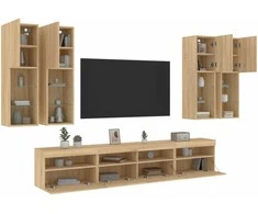 TV staliukas Sieninės TV spintelės su LED lemputėmis, 7vnt., ąžuolo spalvos