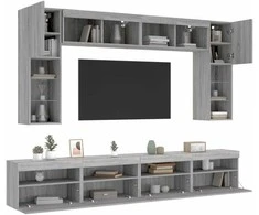 TV staliukas Sieninės TV spintelės su LED lemputėmis, 8vnt., pilkos ąžuolo