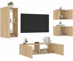 TV staliukas Sieninės TV spintelės su LED lemputėmis, 4 dalių, ąžuolo