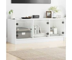 TV staliukas TV spintelė su stiklinėmis durelėmis, balta, 102x37x42cm