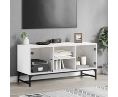 TV staliukas TV spintelė su stiklinėmis durelėmis, balta, 102x37x50cm