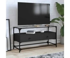 TV staliukas TV spintelė su stikliniu stalviršiu, juoda, 98x35x51cm, mediena