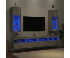 TV staliukas TV spintelės su LED, 2vnt., pilkos ąžuolo, 30,5x30x90cm