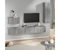 TV staliukas TV spintelių komplektas, 4 dalių, pilkas ąžuolo, mediena