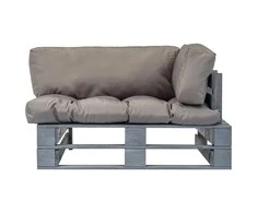 Sodo sofa iš palečių su pilkomis pagalvėlėmis, pušies mediena