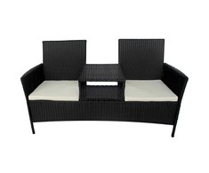 Lauko baldų komplektas Sodo sofa su arbatiniu staliuku, juoda, dvivietė, poliratanas