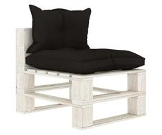 Vidurinė sodo sofa iš palečių su juodomis pagalvėmis, mediena