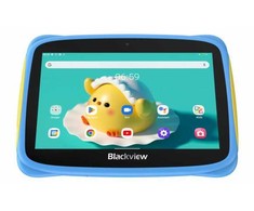 Planšetė Blackview Tab 3 Kids, Mėlyna, 7 colių HD 1024x600, 7731E keturių branduolių 1,3 GHz procesorius, priekinė 0,3 MP; galinė 2 MP kamera, 2 GB / 32 GB, 3280 mAh baterija, be įkrovimo „Doke 3.0 Go“ („Android 13“), „Wi-Fi“ versija, 802.11 b/g/n (2,4 GHz), Mėlyna