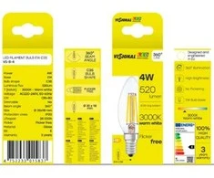Visional C35 LED Filament Bulb E14 4W 3000K 520lm Caurspīdīga Stikla 220–240V RA>80