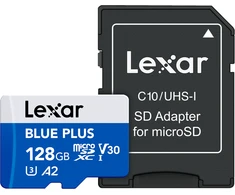 Mėlyna Lexar Micro SDXC Mėlyna Plus UHS-I C10 A2 U3 V30 128GB + adapter SD