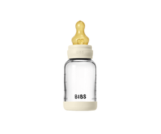 Bibs SEILINTUKAI - stiklinis kūdikių buteliukas, apvalus, lateksinis, lėto srauto - dramblio kaulo spalvos - 120 ml