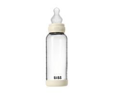 Bibs SEILINTUKAI - stiklinis kūdikių buteliukas apvalus silikoninis vidutinio srauto - dramblio kaulo spalvos - 240 ml