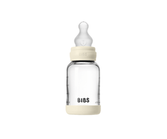 Bibs SEILINTUKAI - stiklinis kūdikių buteliukas, apvalus, silikoninis, 1 pakuotė, 120 ml, lėto srauto - dramblio kaulo spalvos - 120 ml