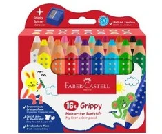 Faber-Castell - Spalvoti pieštukai su neslystančiu dangteliu, 16 vnt. rinkinys su drožtuku (110645)
