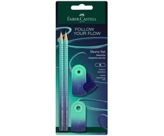 Rinkinys Faber-Castell Flow Edition Buzzing Mėlyna, 2 pieštukai B + drožtukas ir trintukas, blisterinėje pakuotėje