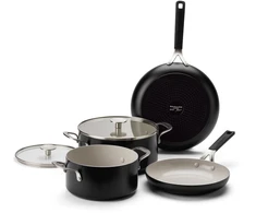 KitchenAid - Spalvoto aliuminio 6 dalių rinkinys: keptuvė 24/28 cm + puodas su dangčiu 20/24 cm - matinės juodos spalvos