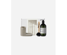 „Meraki“ – dovanų dėžutė su pilku laikikliu, „Nature“ teptuku, „Forest Garden“ indų plovimo priemone – balta – 1000 ml, 32 x 23 x 13,5 cm