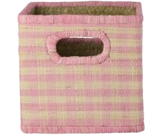 Rice - Raffia Square Basket with Handle Opening - Rožinė Checks - Small