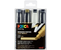 Posca - PC8K - Broad Tip Pen - Gold, Sidabrinis, Juodas and Baltas, 4 pc