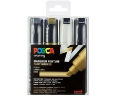 Posca - PC8K - Broad Tip Pen - Gold, Sidabrinis, Juodas and Baltas, 4 pc