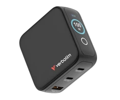 Verbatim Mini GaN Charger 100W with Ekranas, 2× USB-C PD, 1× USB-A QC 3.0, Juodas