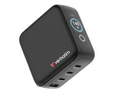 Verbatim Mini GaN Charger 140W with Ekranas, 3× USB-C PD, 1× USB-A QC 3.0, Juodas