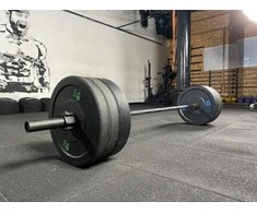 Bumper svarmenų ir štangos komplektas STRONGMAN Premium (Svoris: 120 kg)