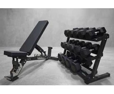 Strongman Jėgos rinkinys – Reguliuojamas suoliukas, 385 kg Hex hanteliai ir 3 eilių stovas (Variantai: Hanteliai + stovas)