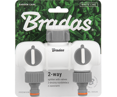 BRADAS 2-krypčių skirstytuvas, vidinis sriegis 1″-3/4″ su vožtuvais /Baltas LINE