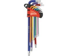 Toya Sa Poland L tipo raktų rinkinys | spalvoti | labai ilgi | T-Star su skylutėm (Torx) T10–T50 | 9 vnt. (YT-05636)