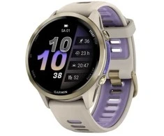 Išmanusis laikrodis Garmin Forerunner 970, Šviesios aukso spalvos titanas su žalsvai pilkos spalvos korpusu ir žalsvai pilku / permatomu indigo spalvos dirželiu