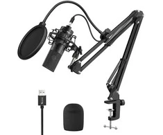 FIFINE K780A juodas kondensatorinis mikrofonas su laidu + laikiklis | USB