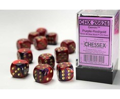 Chessex Gemini 16mm d6 with pips Dice Blocks (12 Dice) - Violetinė-Raudona/auksinis
