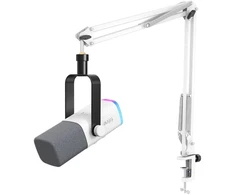 FIFINE AmpliGame AM8T Baltas laidinis mikrofonas su stovu ir RGB apšvietimu | USB/XLR