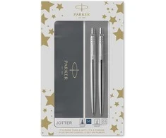 Parker Jotter nerūdijančio plieno pieštukų ir rašiklių rinkinys su dėklu ir dovanų maišeliu