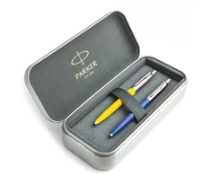 Parker Jotter Originals Geltona ir Mėlyna Tušinukų dovanų rinkinys su metaliniu dėklu