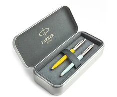 Parker Jotter Originals Geltona ir Pastel Mėlyna Tušinukų dovanų rinkinys su metaliniu dėklu